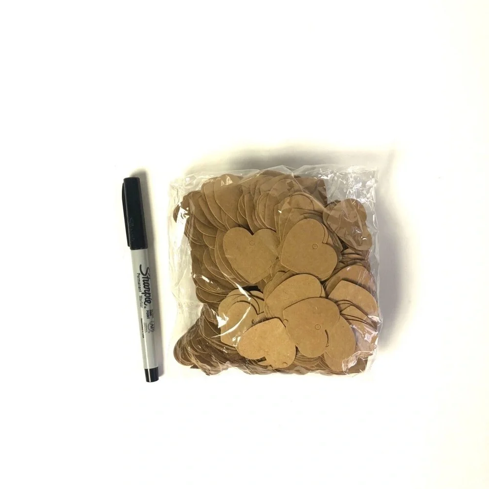 Bag full of small heart-shaped tags packing tags for clothes packaging labels